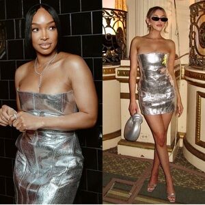 NWT RETROFETE Metallic Leather Strapless Retro 90s‎ Y2K Cocktail Mini Dress XXS